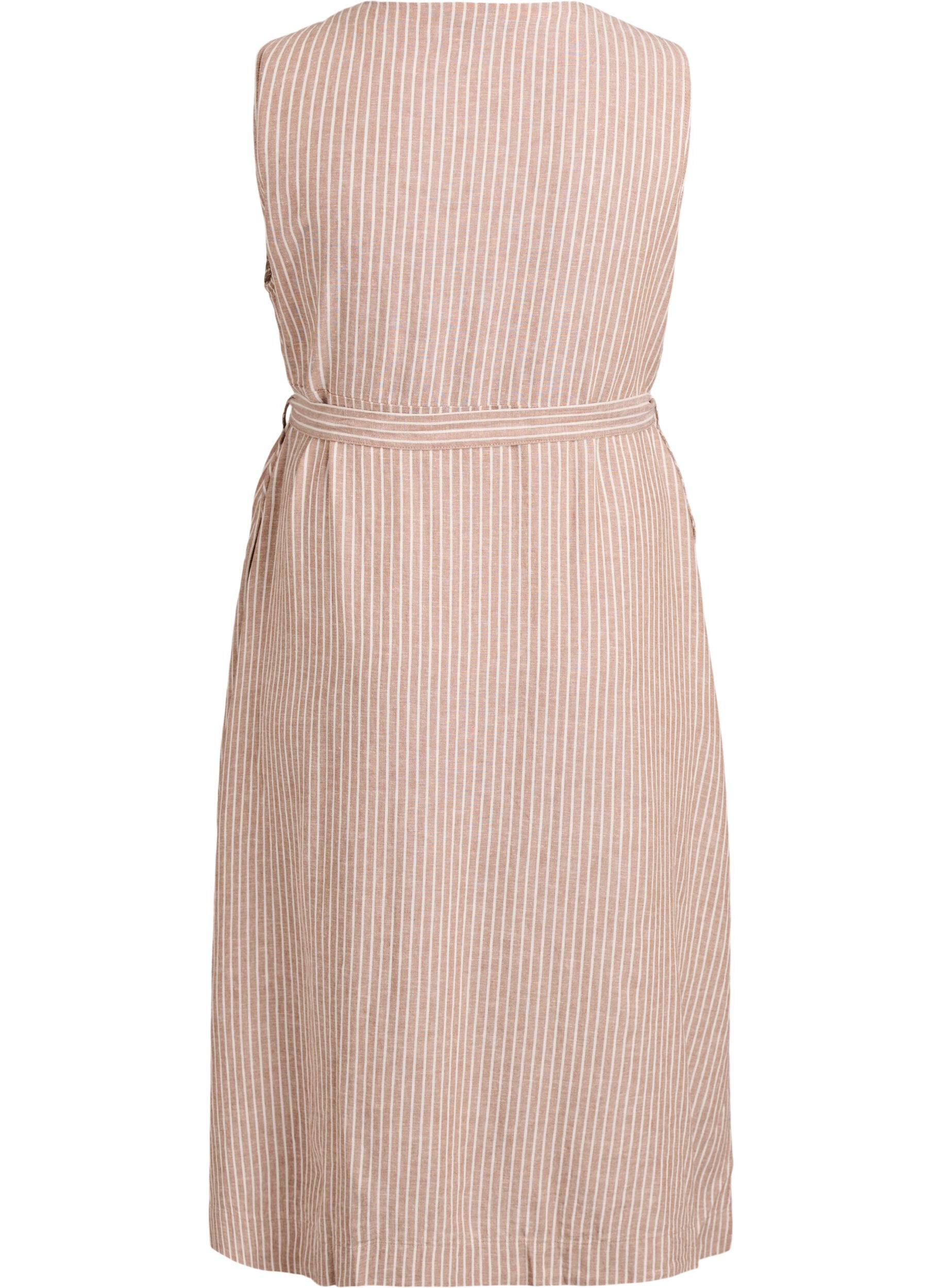 Zizzi&Auml;rmelloses gestreiftes Midikleid aus Leinen und Viskose, Beige, Packshot image number 1