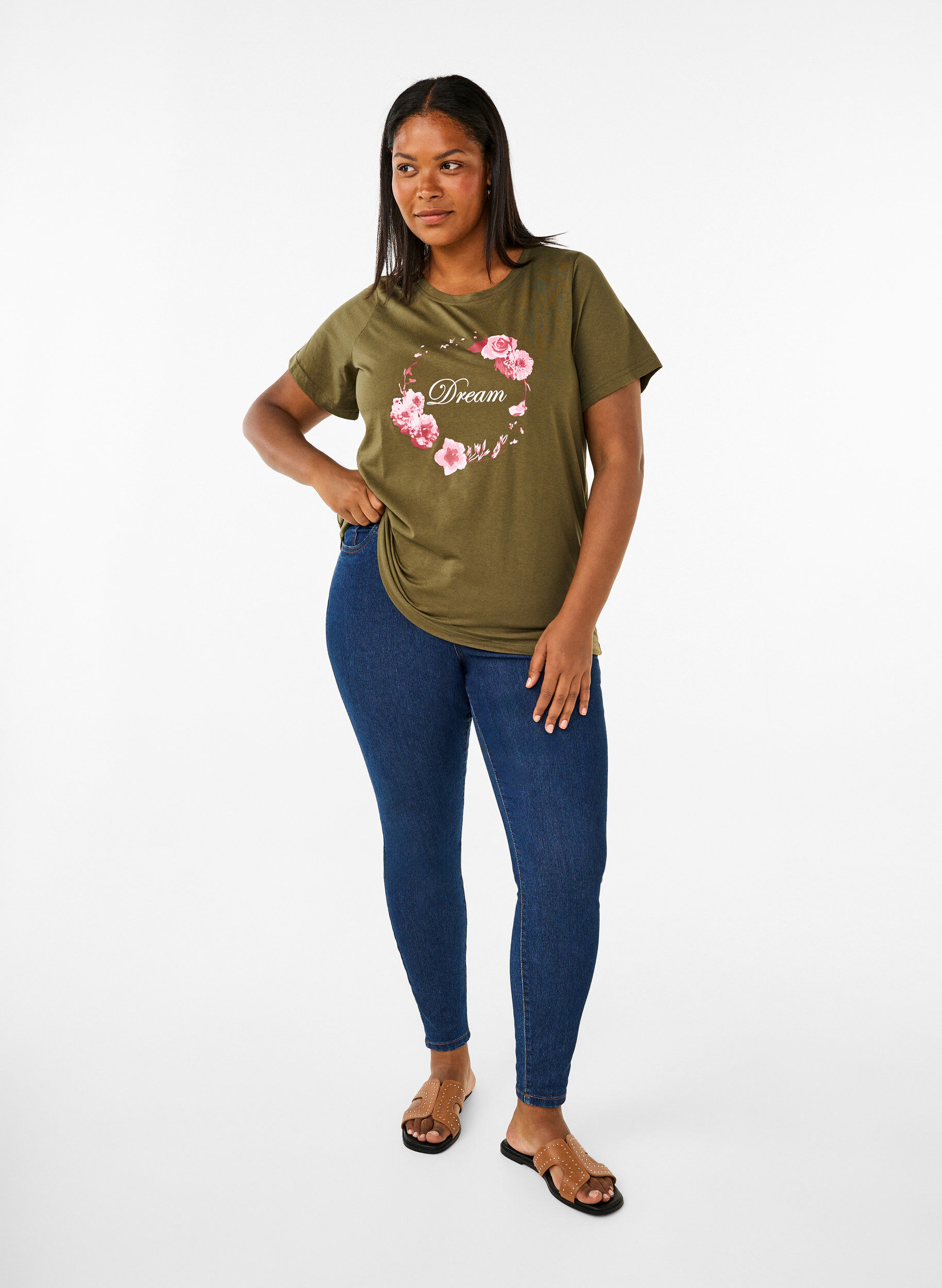 Zizzi FLASH - T-Shirt mit Motiv, Olive Night Flower, Model image number 2