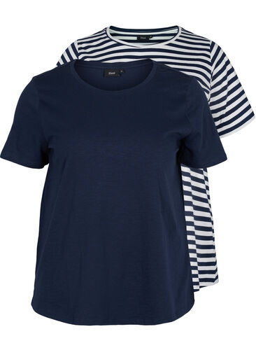 2er-Pack basic T-Shirts aus Baumwolle, Navy/Navy Stripe, Packshot image number 0