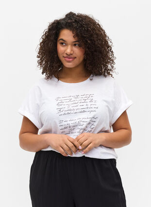 T-Shirt mit Aufdruck in Bio-Baumwolle, Bright White TEXT, Model image number 0