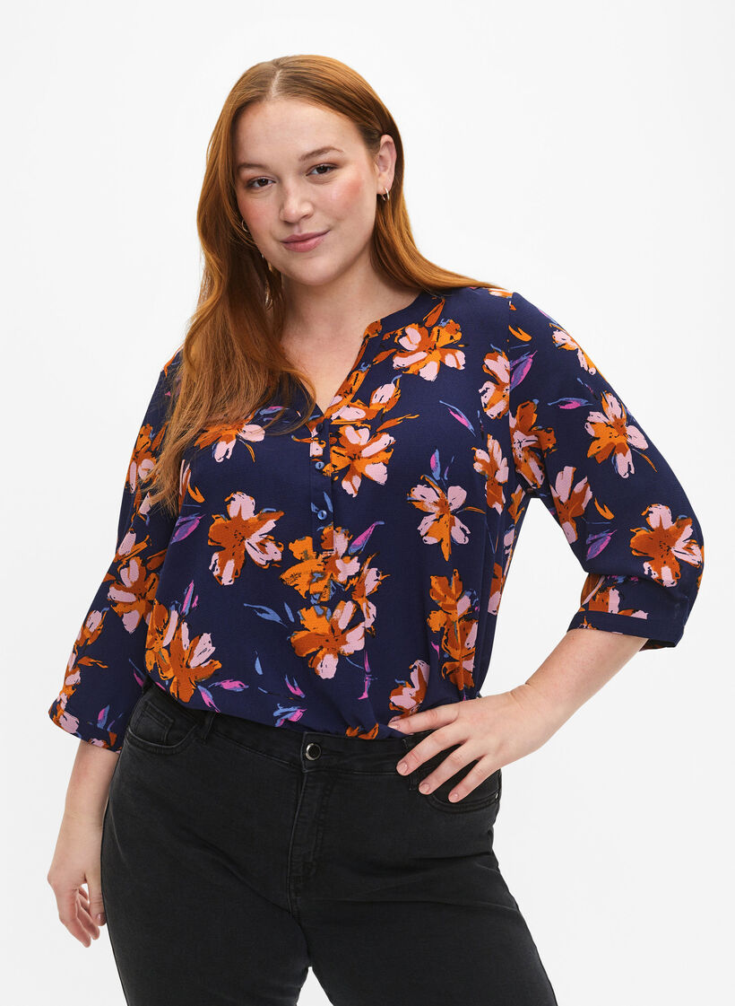 Florale Bluse mit 3/4-Ärmeln, Peacoat Flower AOP, Model image number 0