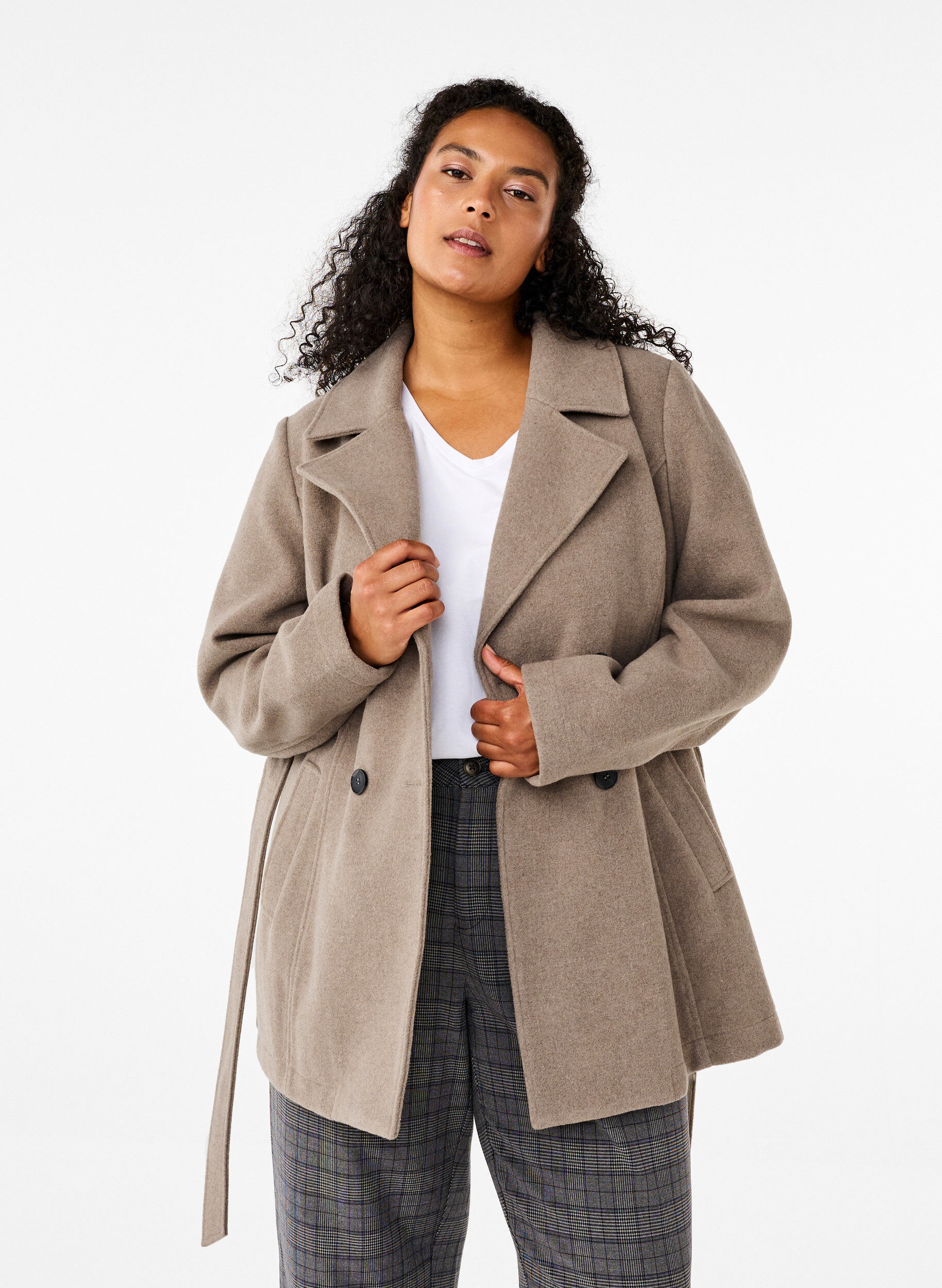 Zizzi Kurze Wolljacke mit G&uuml;rtel, Desert Taupe Mel., Model image number 0