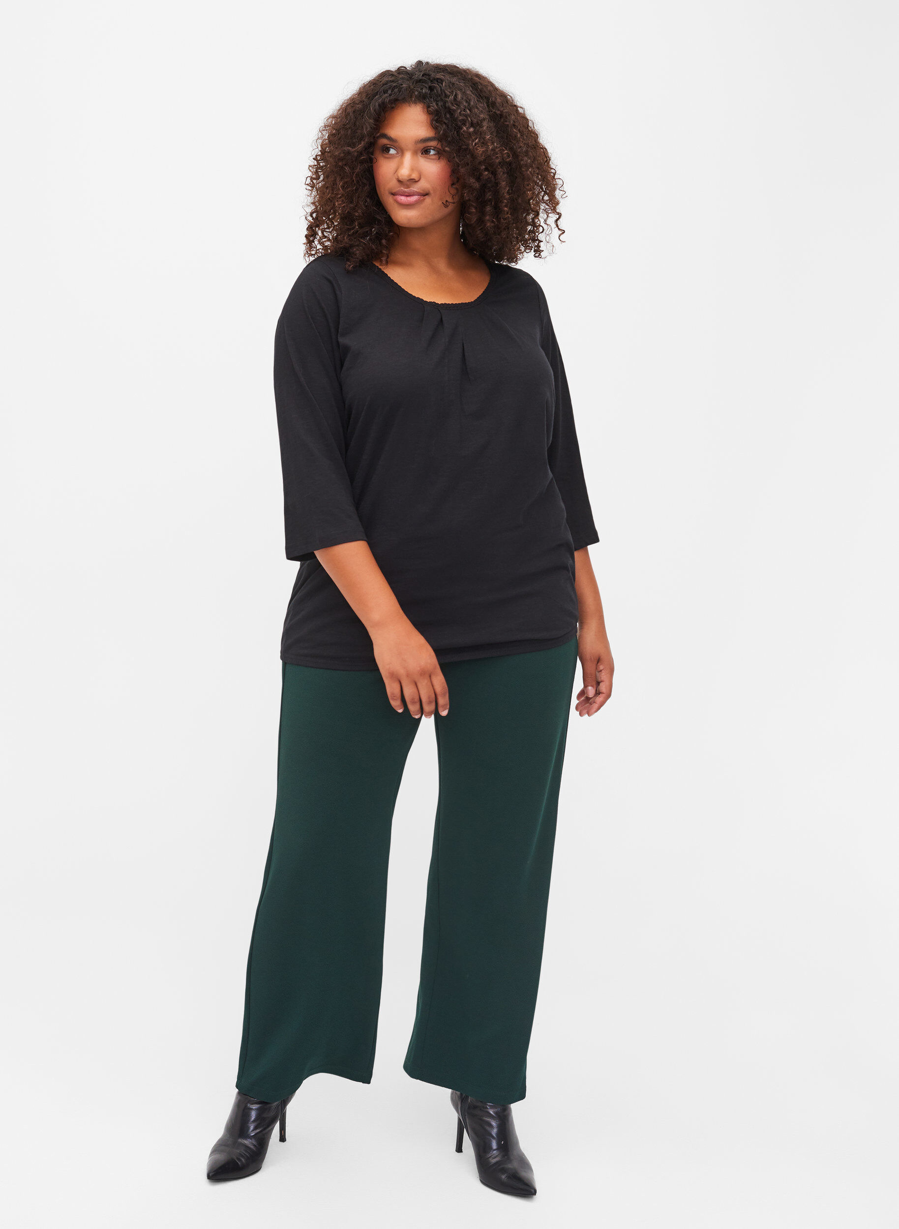 Zizzi Baumwollbluse mit 3/4 &Auml;rmeln, Black, Model image number 2