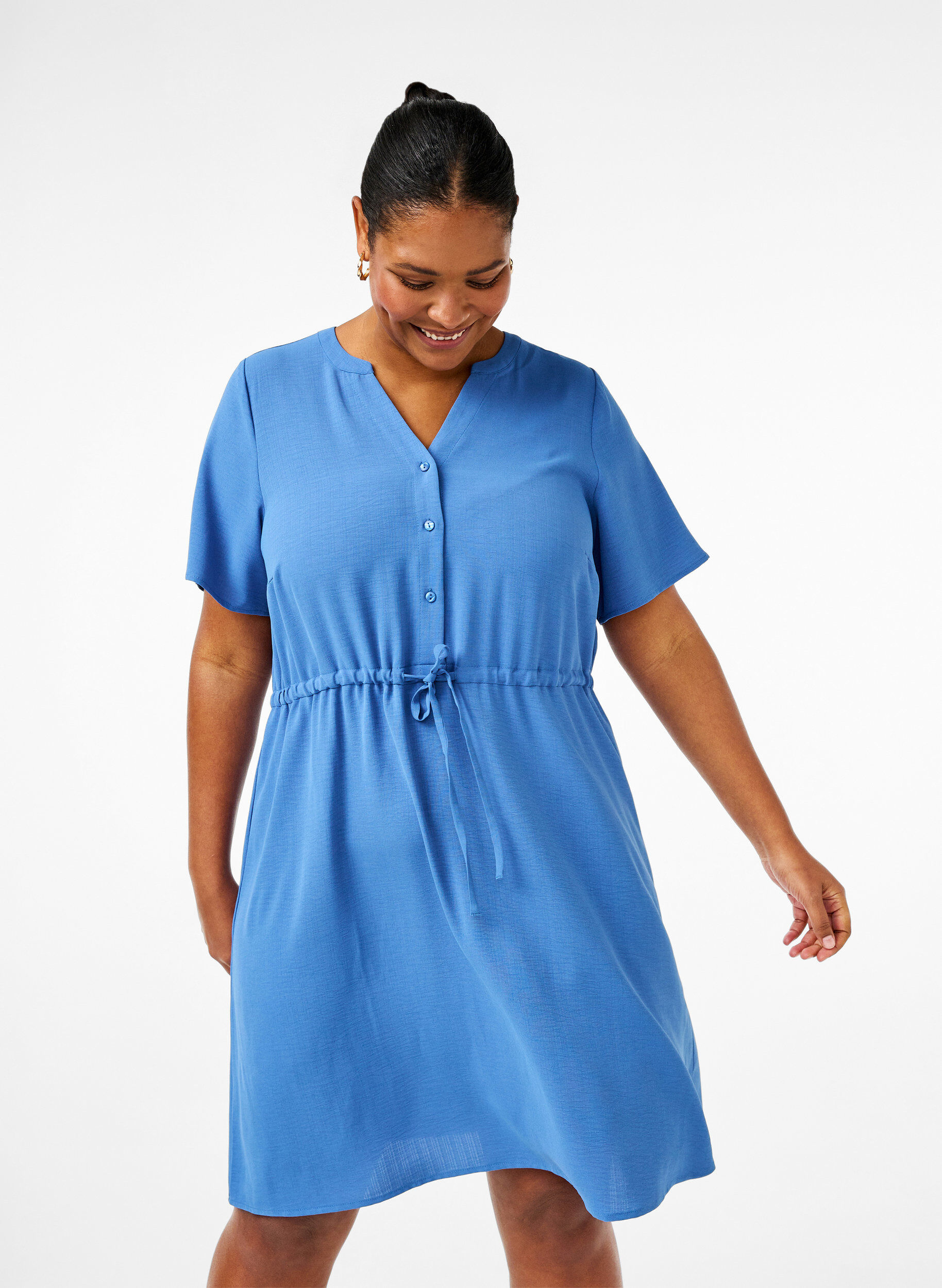 Zizzi Kurz&auml;rmliges Kleid mit Bindeband an der Taille, Riverside, Model image number 0