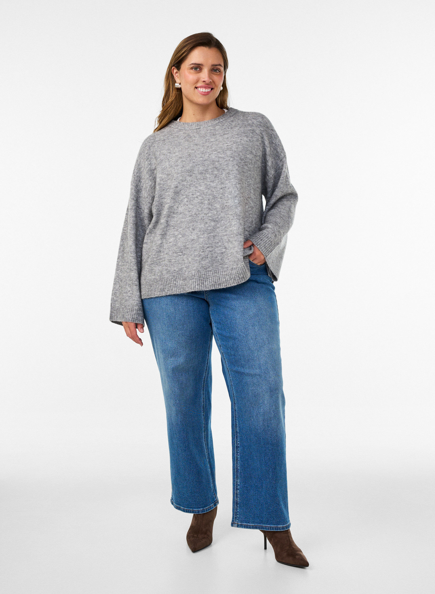 ZizziLocker gestrickte Bluse mit Alpaka und Wolle, Grau, Model image number 1