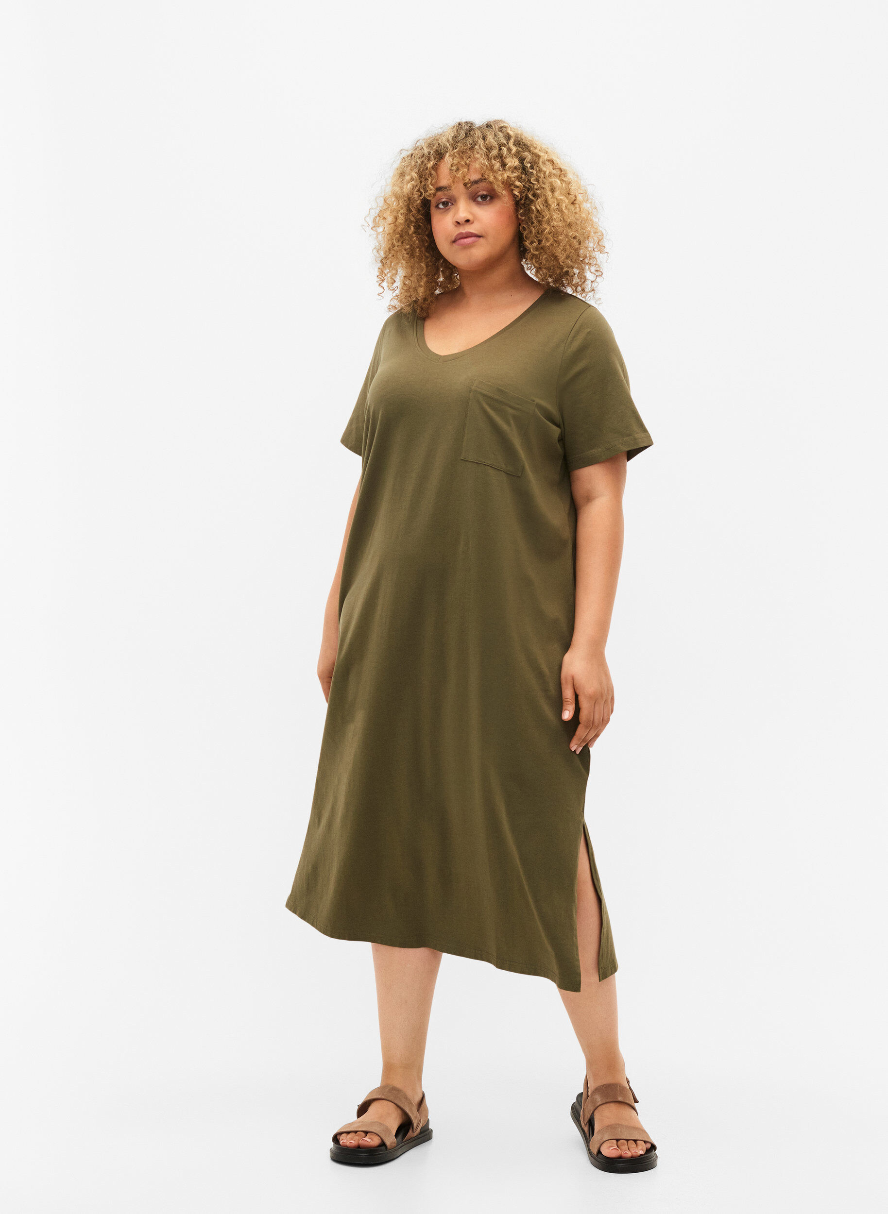 Zizzi Kurz&auml;rmeliges Baumwollkleid mit Schlitz, Ivy Green, Model image number 2