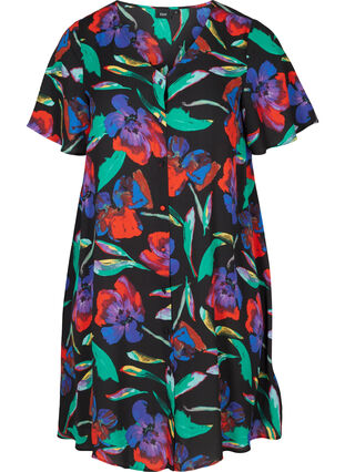 Kurzarm Kleid mit Blumenprint, Black Flower AOP, Packshot image number 0