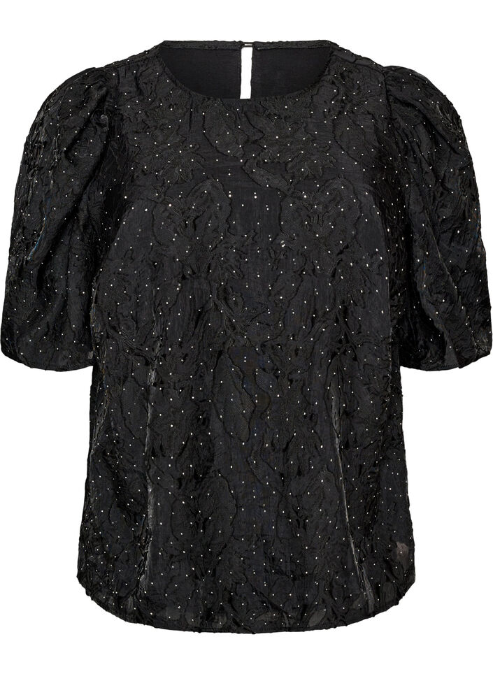 Jacquardbluse mit funkelnden Details und Puff&auml;rmeln, Schwarz, Packshot image number 0