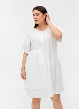Hemdkleid aus Baumwolle mit Puffärmeln, Bright White, Model image number 0
