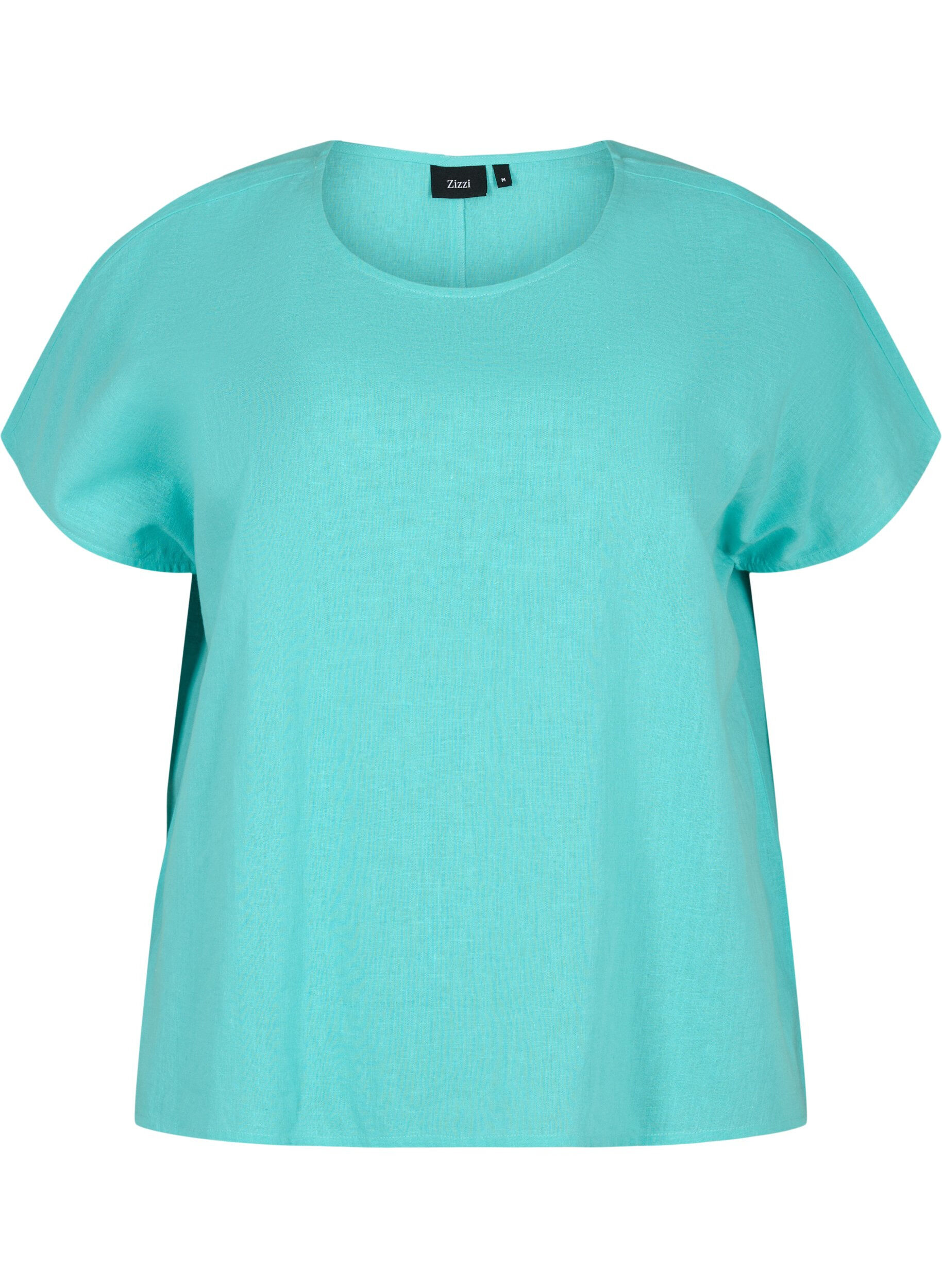 Zizzi Kurz&auml;rmelige Bluse aus Baumwollmischung mit Leinen, Turquoise, Packshot image number 0