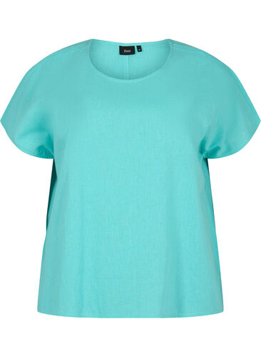 Kurzärmelige Bluse aus Baumwollmischung mit Leinen, Turquoise, Packshot image number 0