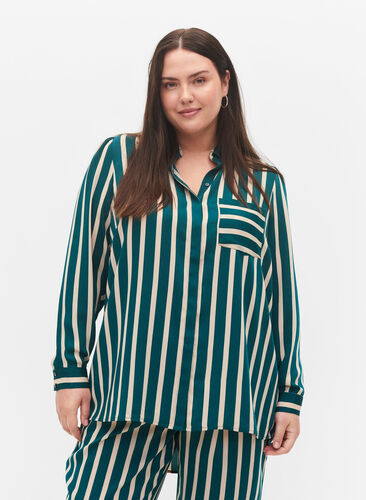 Gestreiftes langärmeliges Hemd, Green Stripe, Model image number 0
