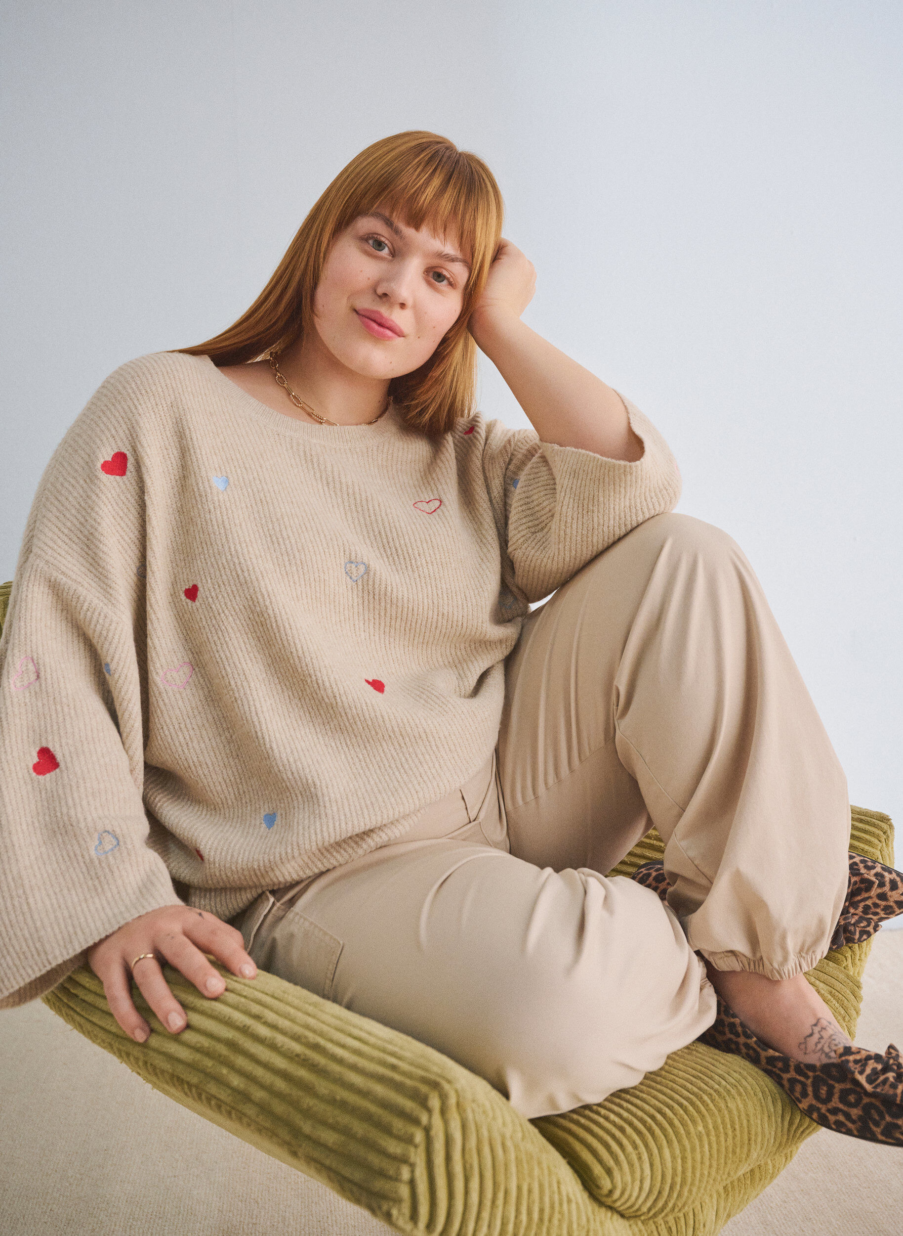 Zizzi Strickbluse mit Herzen und 3/4-&Auml;rmeln, Beige, Image image number 0
