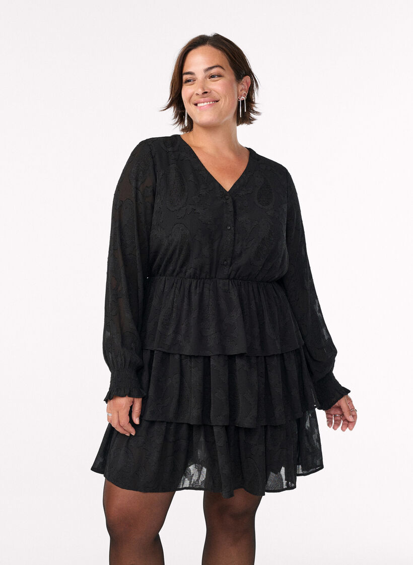 Kurzes Kleid mit R&uuml;schen und Strukturmuster, Schwarz, Model image number 0