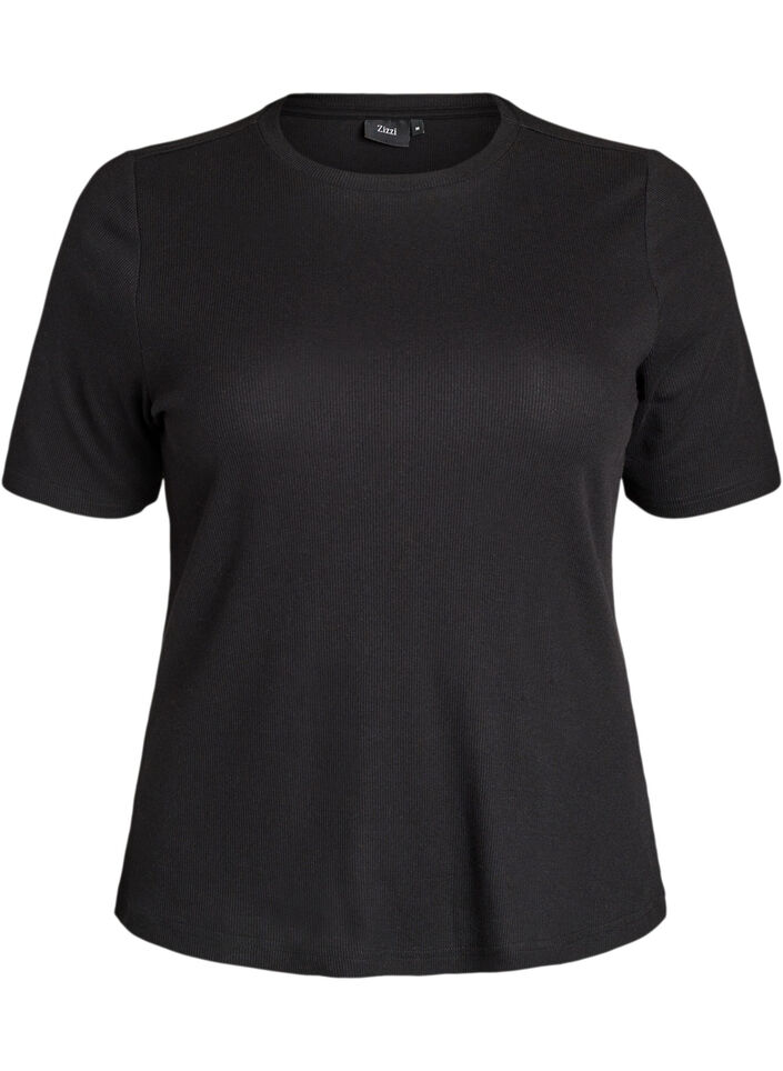 Geripptes Basic-T-Shirt mit Rundhalsausschnitt, Schwarz, Packshot image number 0