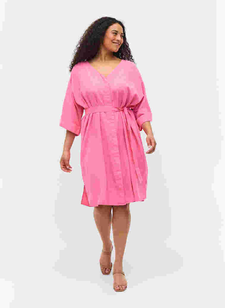 Kleid mit 3/4-Ärmeln und Bindeband, Shocking Pink, Model image number 2
