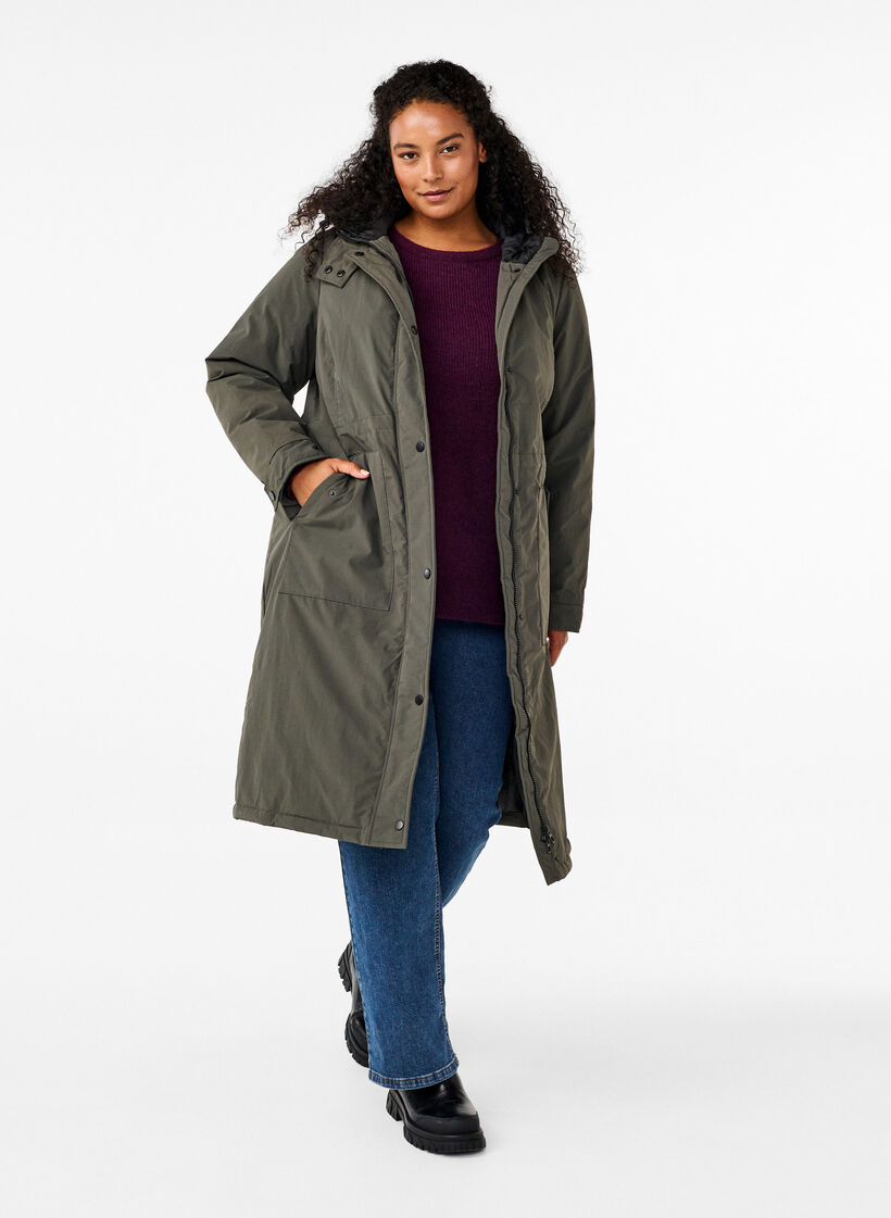 Parka mit Kapuze und verstellbarer Taille, Black Olive, Model image number 1