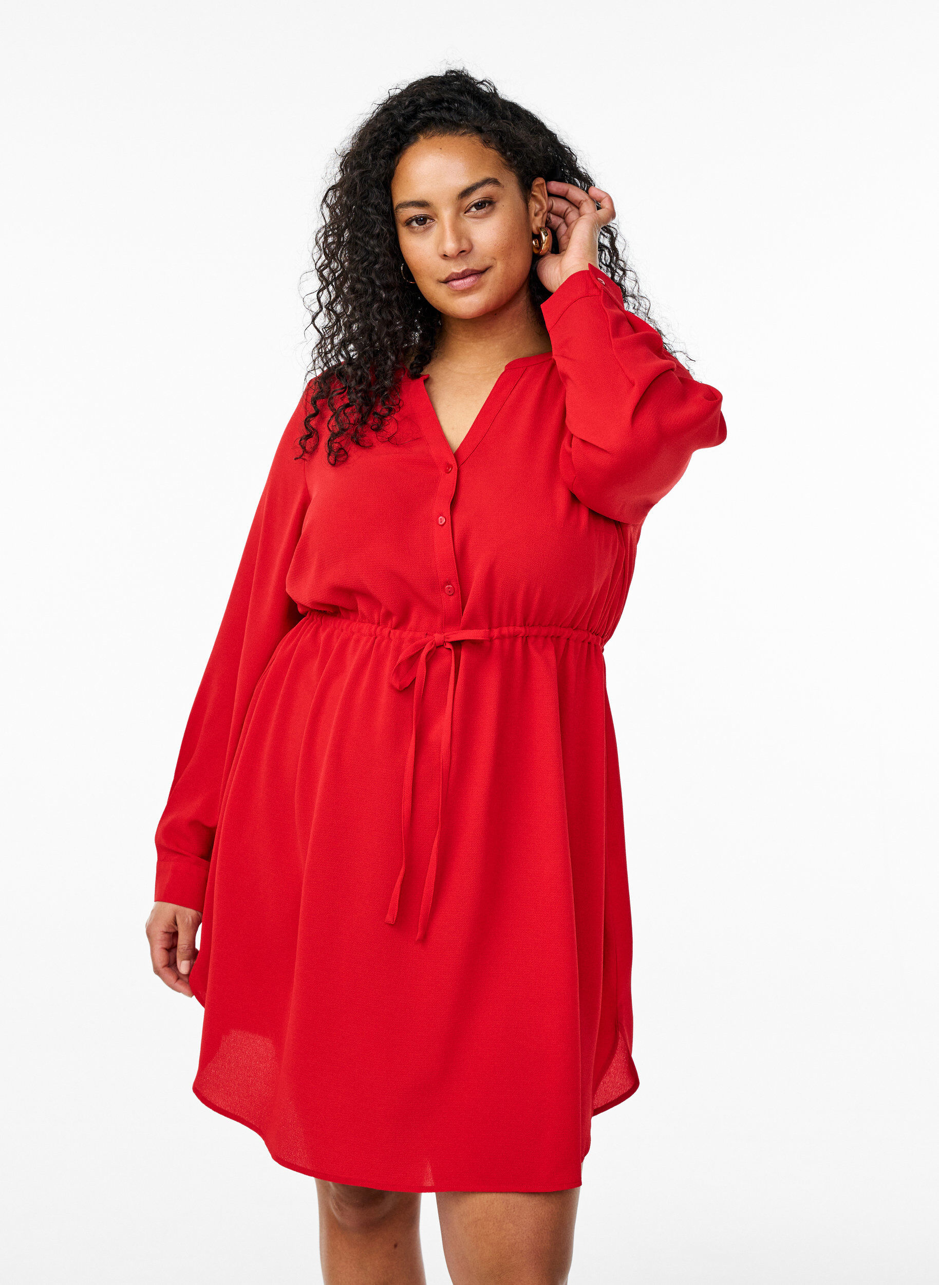 Zizzi Knielanges Kleid mit Bindeg&uuml;rtel, Rot, Model image number 0