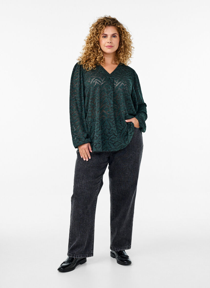 Langärmlige Bluse mit Glitzer und Muster, Grün, Model image number 1