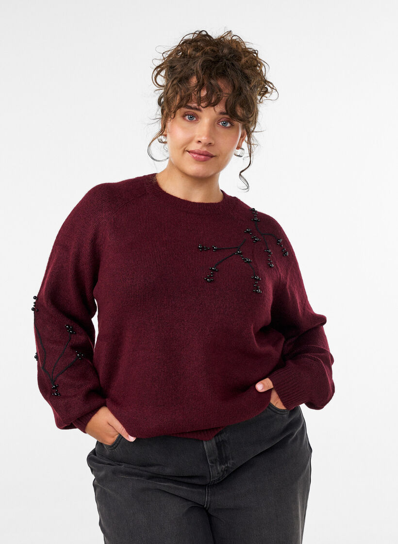 Pullover mit Perlenstickerei, Rot, Model image number 0