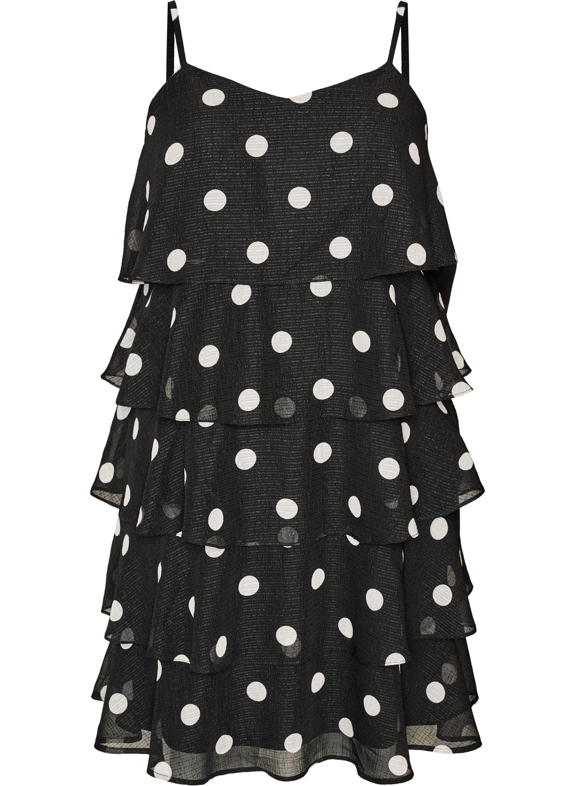 ZizziLagenkleid mit R&uuml;schen und Spaghettitr&auml;gern, Schwarz, Packshot image number 0