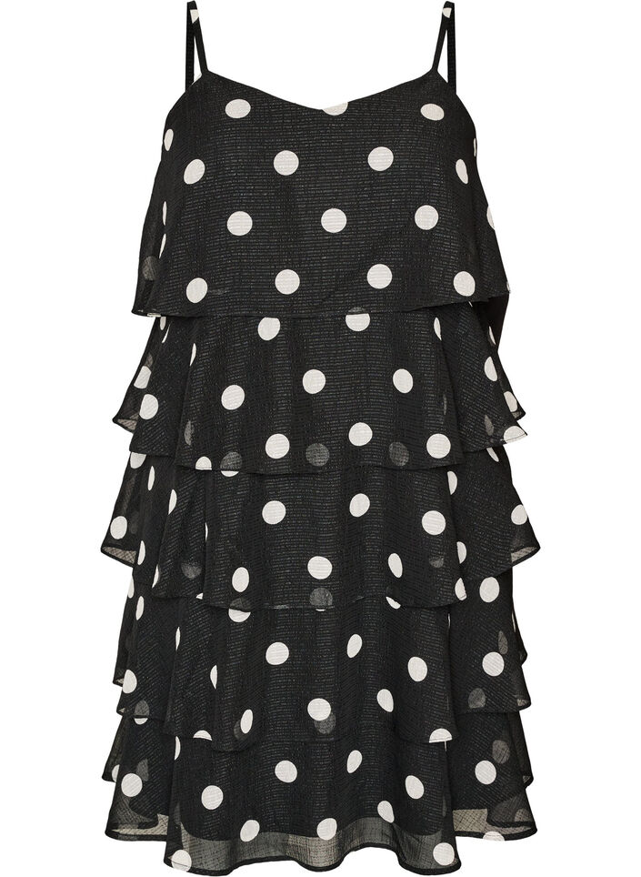 Lagenkleid mit R&uuml;schen und Spaghettitr&auml;gern, Schwarz, Packshot image number 0