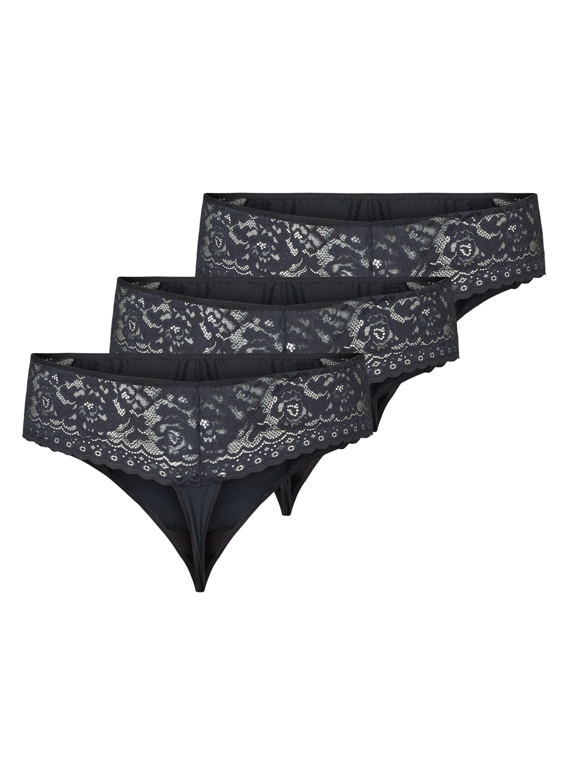 Zizzi 3er-Pack G-String mit Spitze, Schwarz, Packshot image number 1
