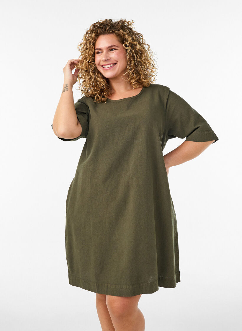 Kleid aus Baumwolle mit kurzen &Auml;rmeln und Taschen, Gr&uuml;n, Model image number 0