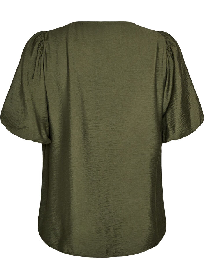 Bluse mit Ballon&auml;rmeln und V-Ausschnitt, Gr&uuml;n, Packshot image number 1