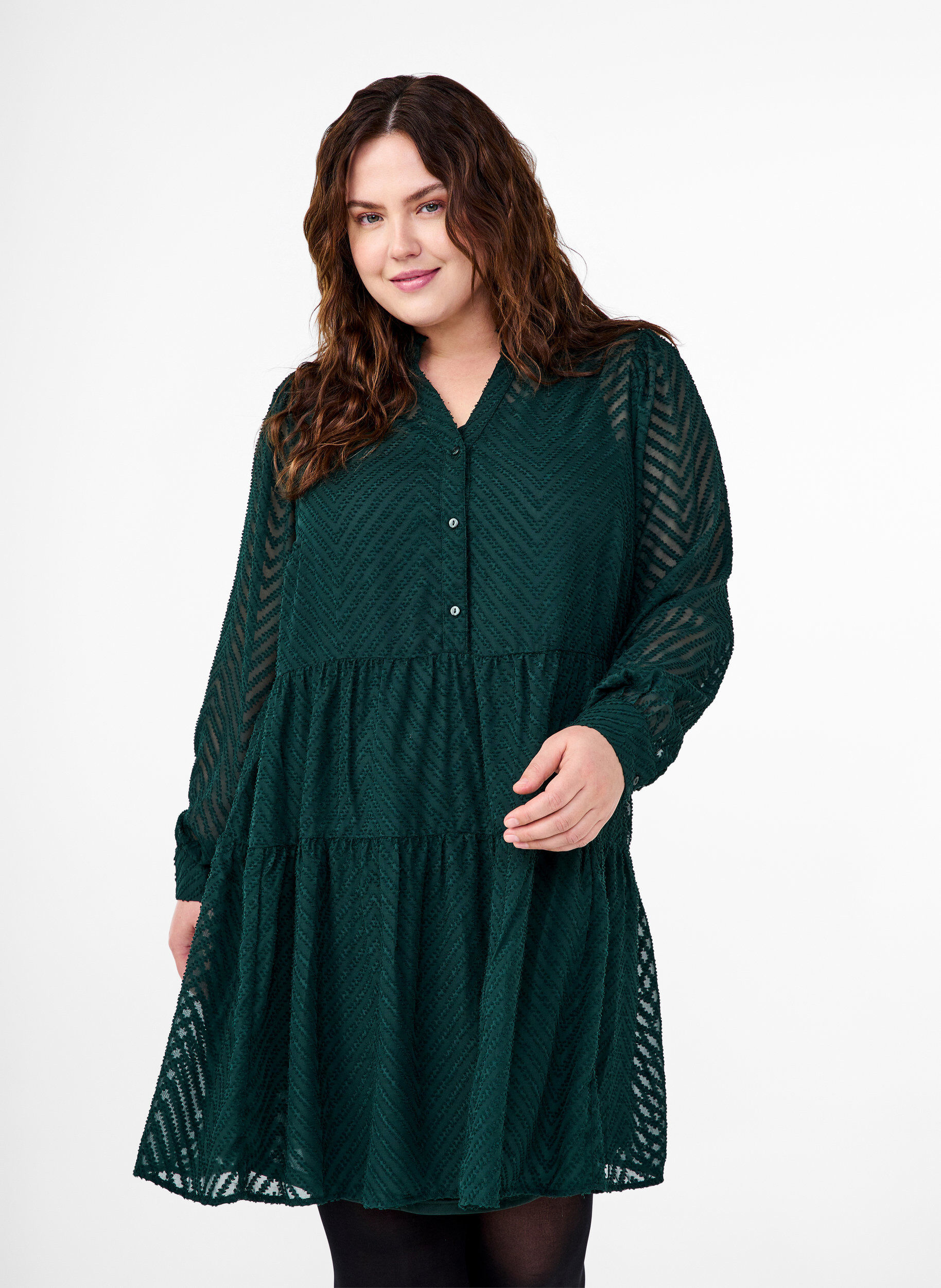 Zizzi Strukturiertes kurzes Kleid mit R&uuml;schenkragen, Scarab, Model image number 0