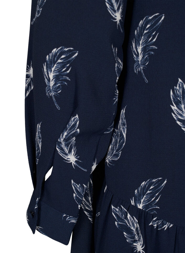 Midi-Kleid mit langen Ärmeln, Navy B. Feather AOP, Packshot image number 3