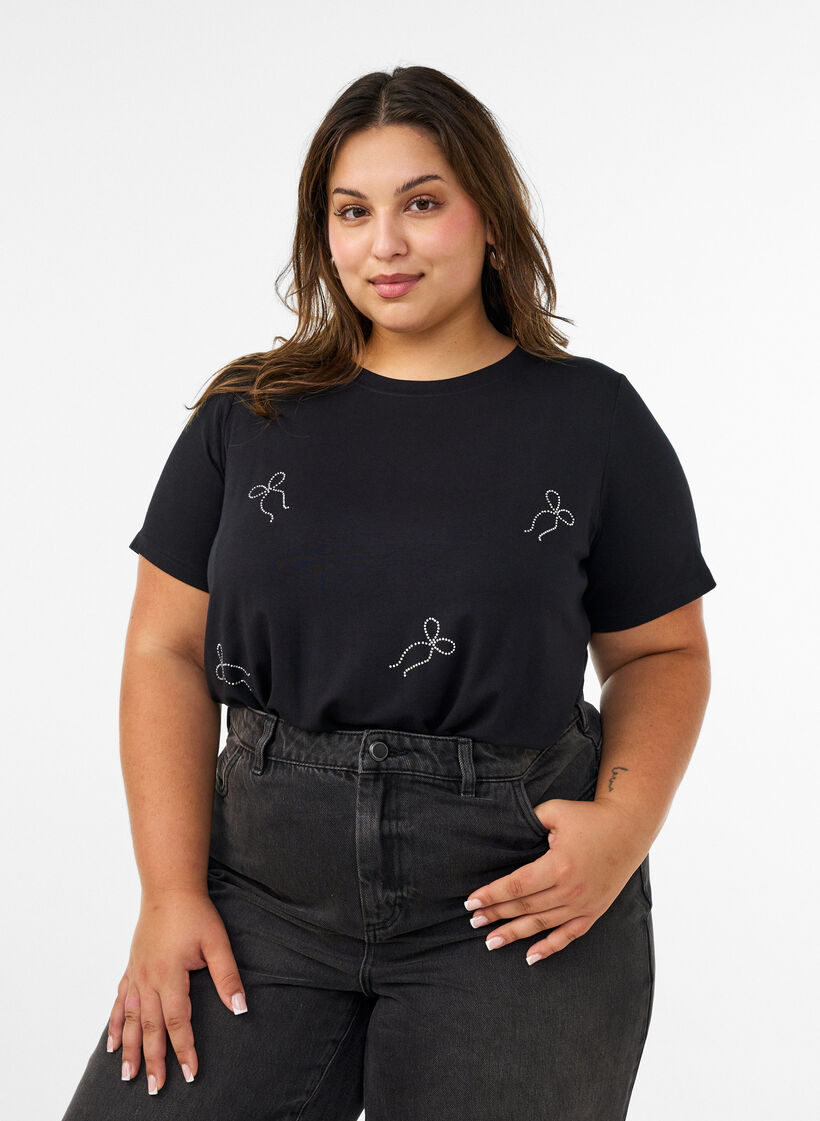 T-Shirt aus Viskose mit Strasssteinen, Schwarz, Model image number 0