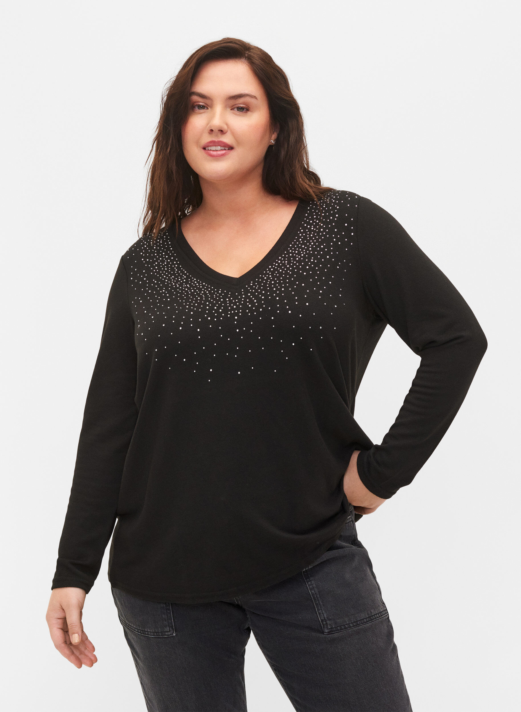 Zizzi Bluse mit Similisteinen und langen &Auml;rmeln., Black, Model image number 0