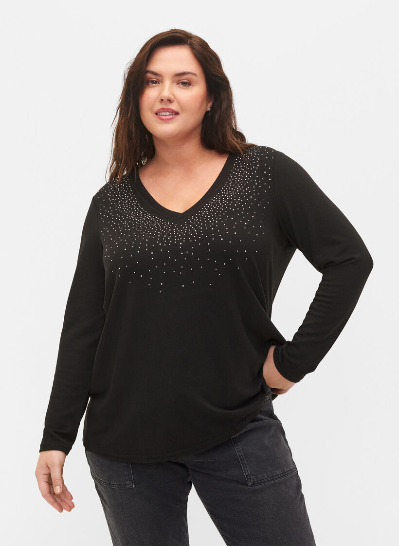 Bluse mit Similisteinen und langen Ärmeln., Black, Model image number 0