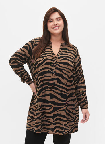 Langärmlige Tunika mit Zebra-Print, Black/Brown Zebra, Model image number 0