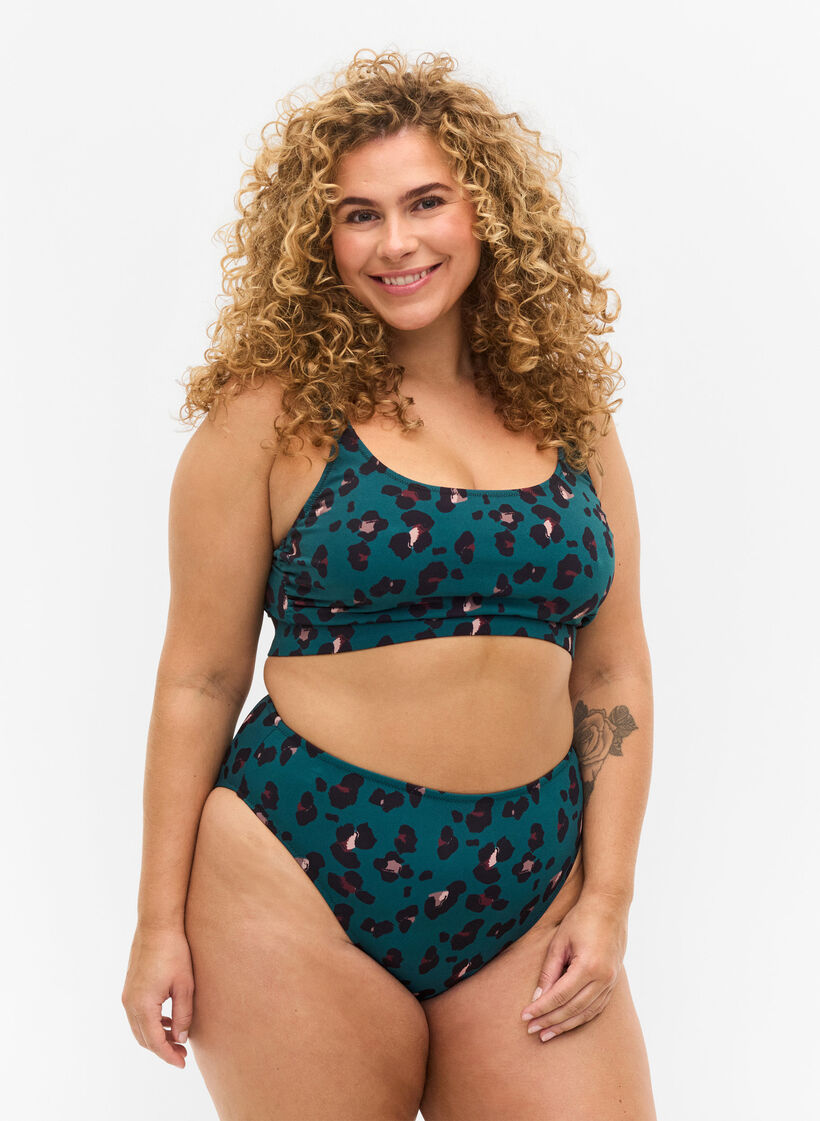 Hochtaillierte Bikinihose, Teal Leopard, Model image number 0