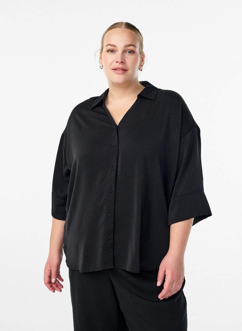Lockere Bluse mit V-Ausschnitt und 3/4-Ärmeln, Schwarz, Model image number 0
