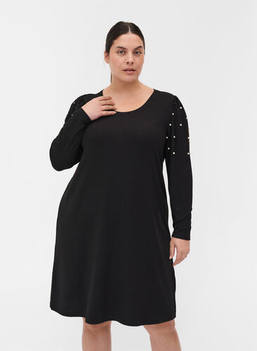 Kleid mit langen Puffärmeln und Perlen, Black, Model image number 0