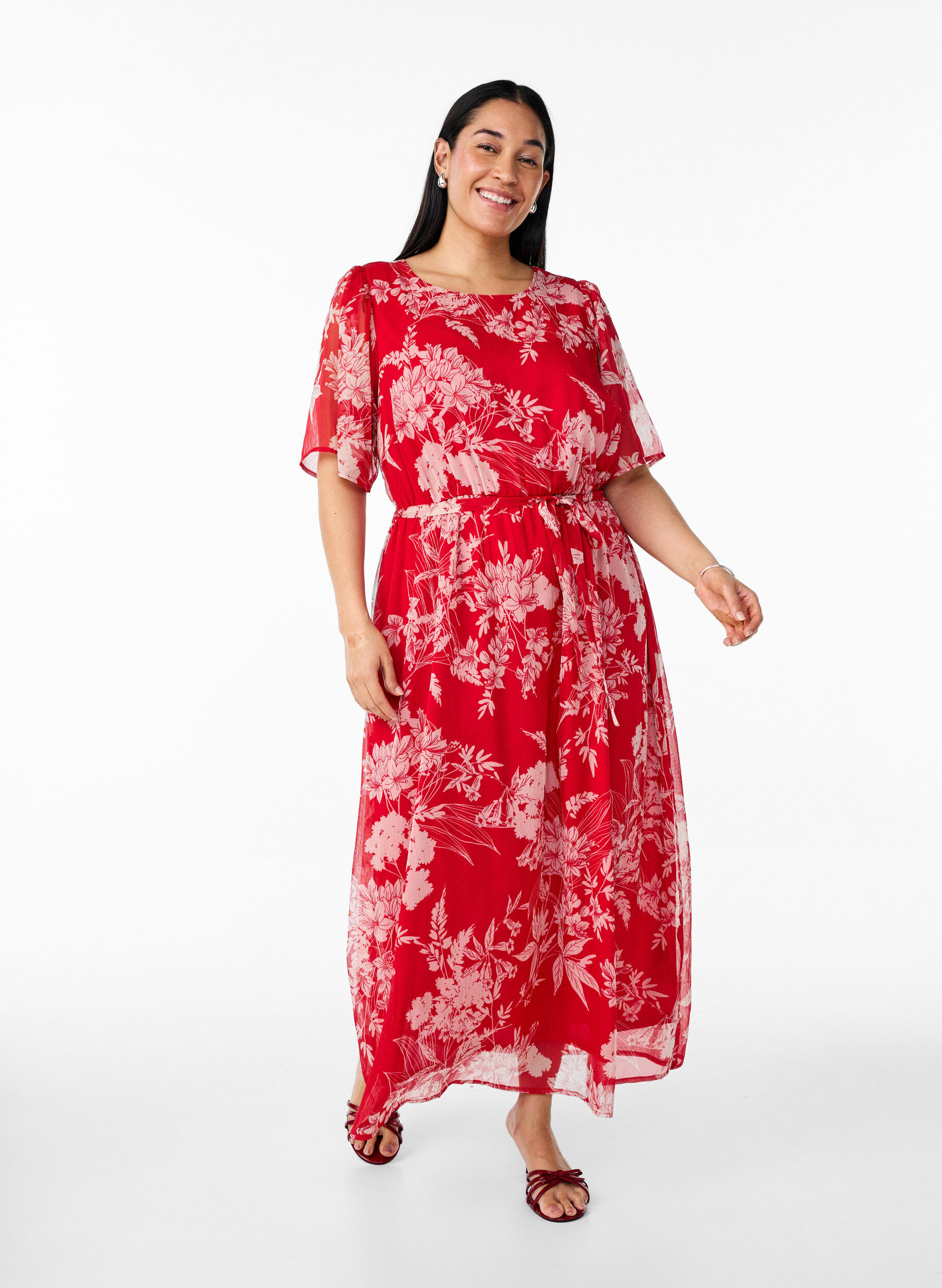 Zizzi Langes Chiffonkleid mit Blumenmuster, Red Flower AOP, Model image number 0