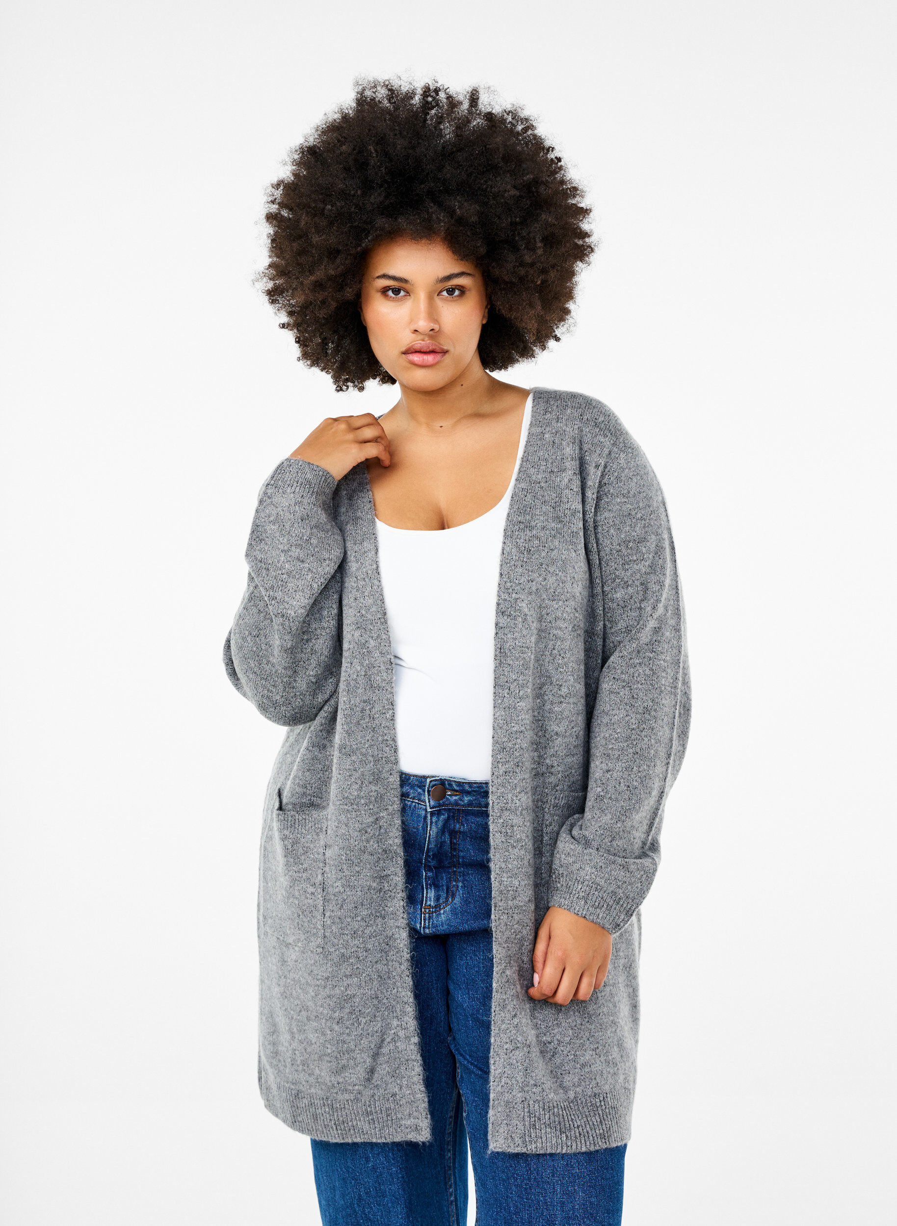 Zizzi Lange Strickware Strickjacke mit Taschen, Grau, Model image number 0