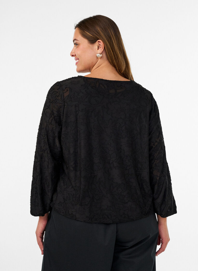 Transparente Bluse mit floraler Struktur und langen &Auml;rmeln, Schwarz, Model image number 2