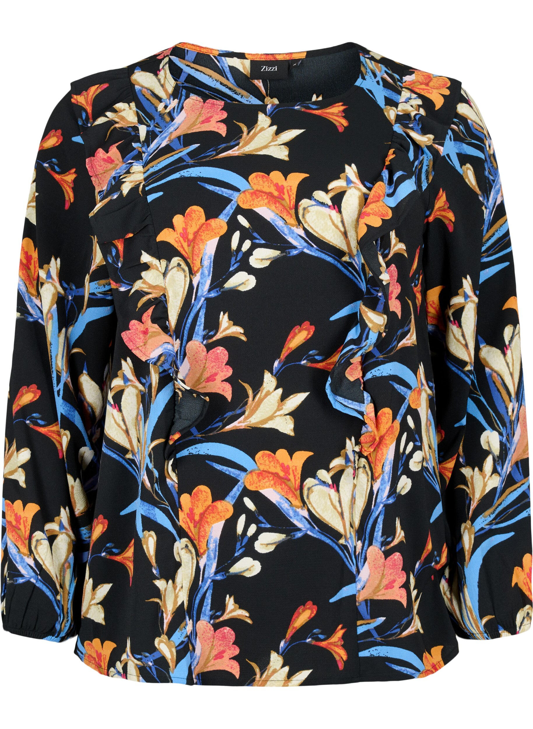 Zizzi Lang&auml;rmelige Bluse mit R&uuml;schen, Black Flower AOP, Packshot image number 0