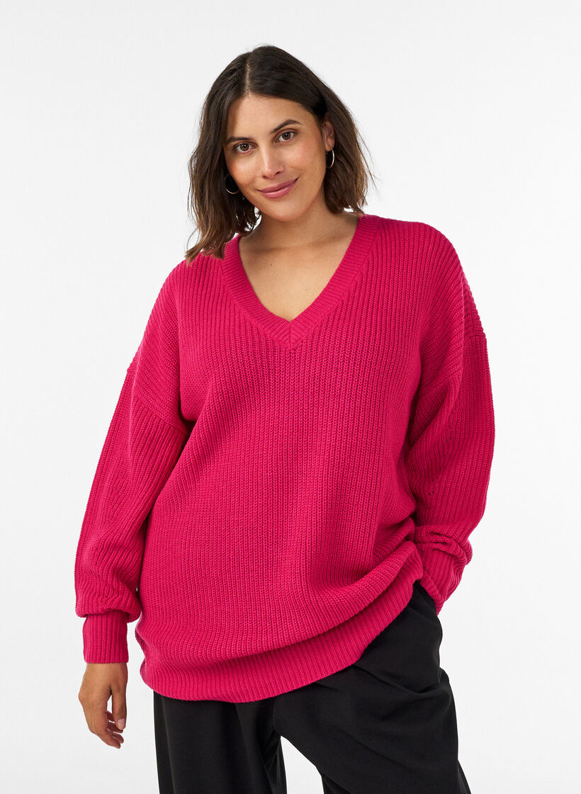 Lange Bluse aus Rippstrick mit V-Ausschnitt, Pink, Model image number 0