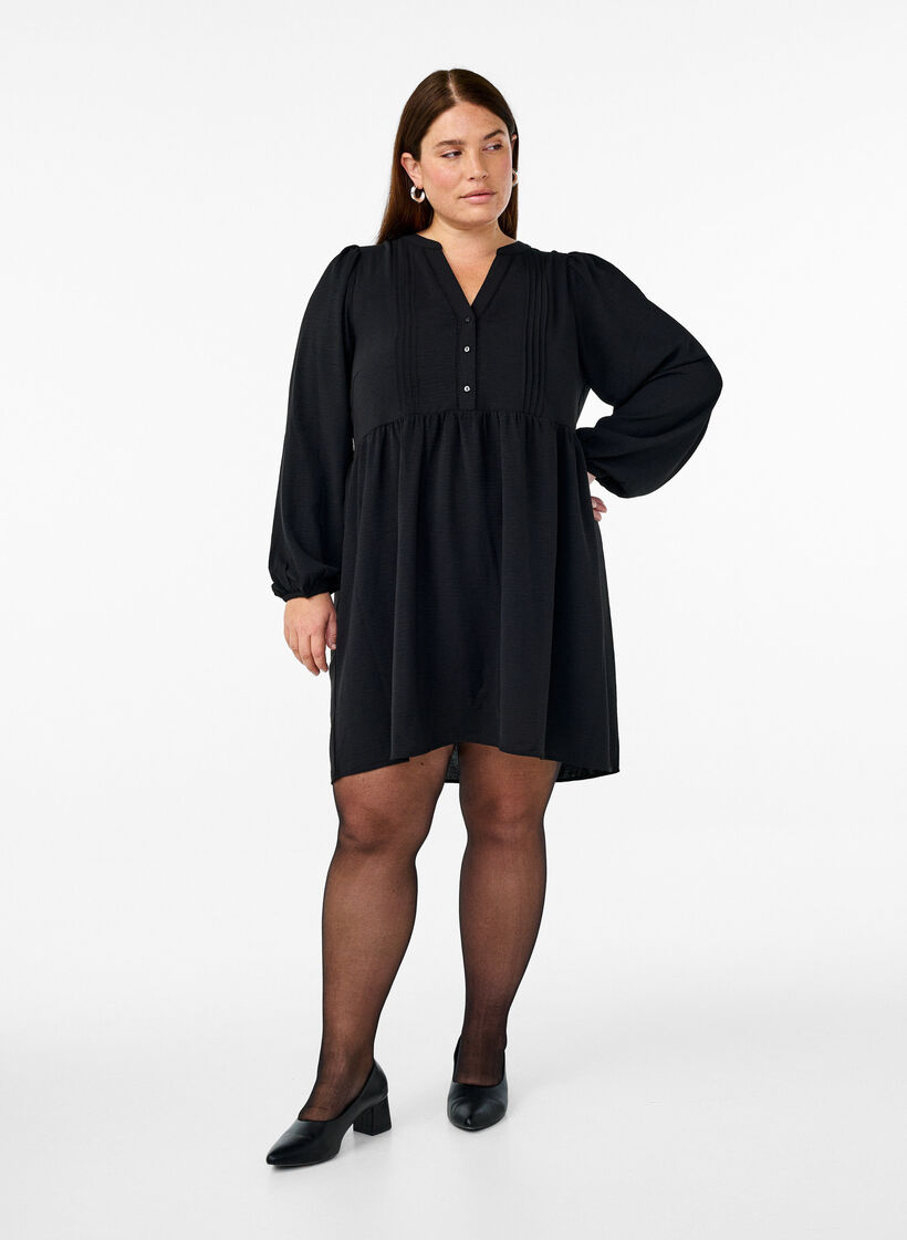 FLASH - Kurzes Kleid mit Falten und langen Ärmeln, Schwarz, Model image number 1