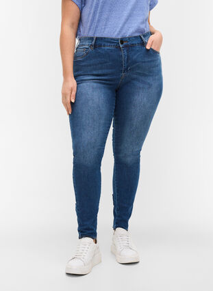 Super Slim Amy Jeans mit Schleife und Reißverschluss, Dark blue, Model image number 3