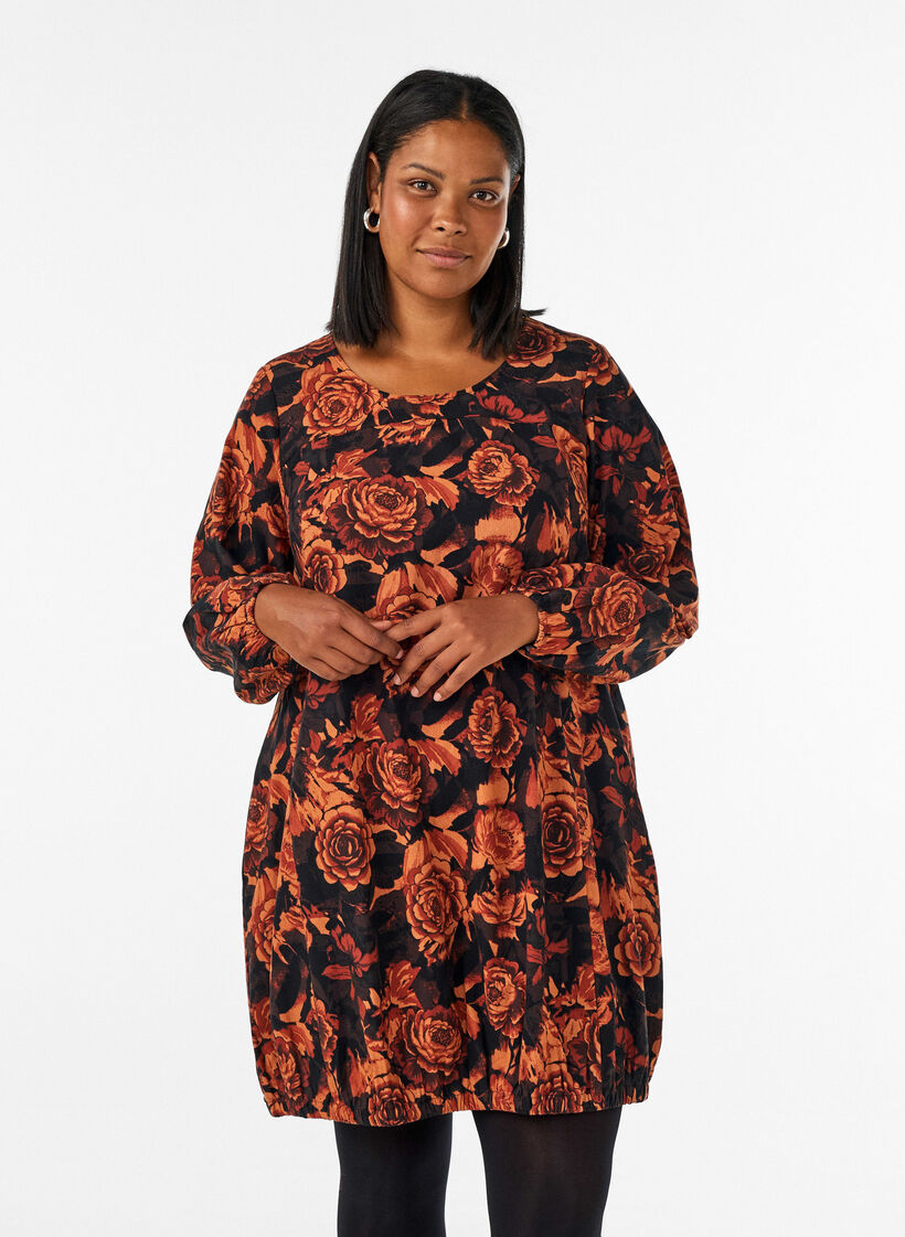 Kurzes Baumwollkleid mit Gummisaum und langen &Auml;rmeln, Schwarz, Model image number 0