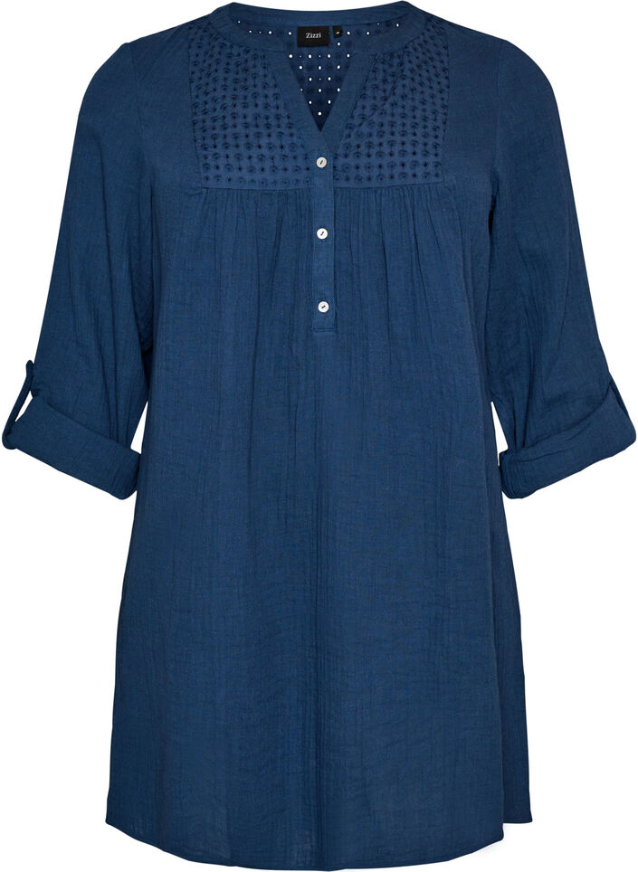 Tunika aus Baumwollmusselin mit Broderie Anglaise, Blau, Packshot image number 0