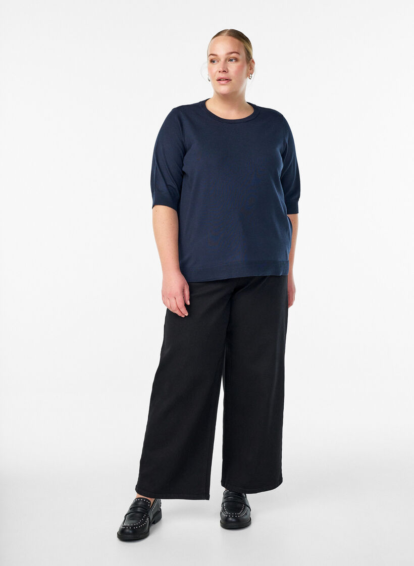 Fein gestrickte Bluse mit kurzen &Auml;rmeln, Blau, Model image number 1