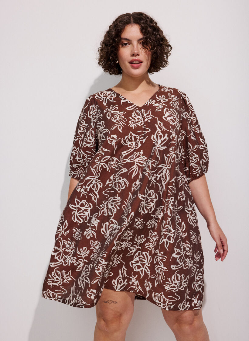 Kurzes A-Linien-Kleid mit V-Ausschnitt, Braun, Image image number 0