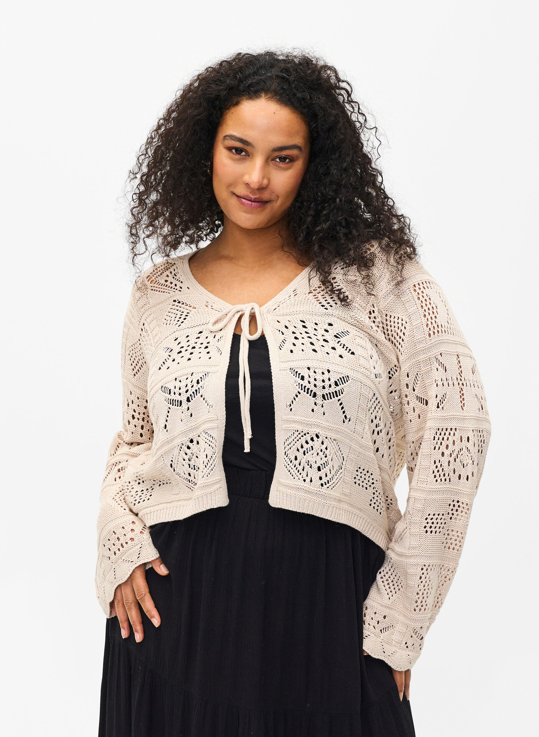 Zizzi Strickjacke mit Kordelzug, Pumice Stone, Model image number 0